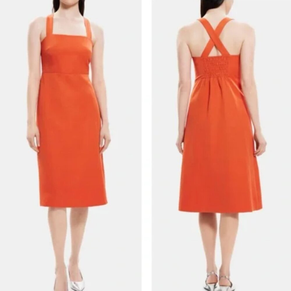 Theory Crossback Linen-Blend‎ Midi Dress Sleeveless Summer Dark Coral Size 2